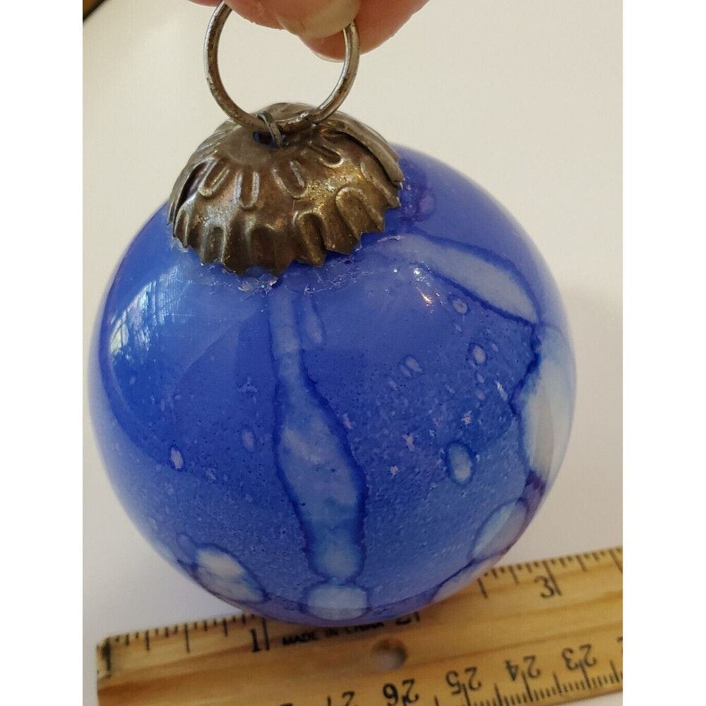Kugel? Christmas Ornament Blue White Art Glass Hand Blown 3" Diameter Silvertone